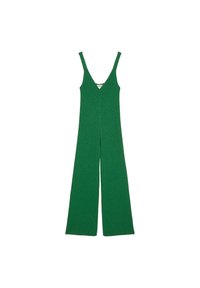 Jumpsuit verde in maglia con scollatura a V profonda, gambe larghe e spalline regolabili. La texture è liscia con un sottile luccichio in tutto il capo.