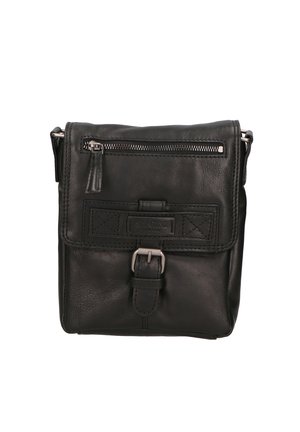 Borsa a tracolla nera in pelle con patta frontale, cinturino con fibbia e tasca con zip sopra la patta, caratterizzata da dettagli di cucitura sottili.