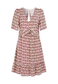 Kortärmad klänning med ett rosa och grönt diamantmönster, insvängd midja och volangkant; tillverkad av ett lätt och texturerat tyg.