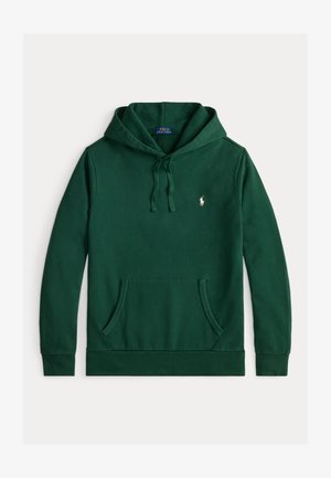 Hoodie verde feito de algodão, com um bolso canguru, capuz com cordão e um pequeno logo bordado no lado esquerdo do peito.