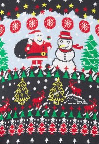 Knitted holiday sweater featuring Santa, a snowman, Christmas trees, and reindeer in red, green, yellow, and white against a black background.