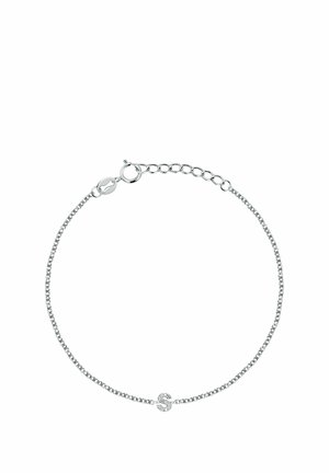 Silbernes Kettenarmband mit kleinem "S"-Anhänger, besetzt mit klaren Kristallen, ausgestattet mit einem Verschluss und verstellbaren Gliedern.