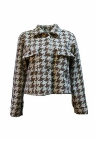 Chaqueta recortada de botones en patrón de pata de gallo, con colores marrón y azul claro, dos bolsillos en el pecho y un cuello. Tejido suave y texturizado.