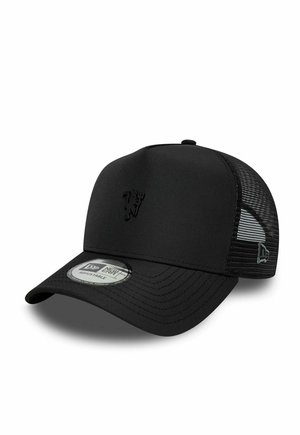 Schwarze verstellbare Mesh-Trucker-Cap mit gebogenem Schirm, dezent geprägtem Logo vorne und New Era Markenaufkleber am Schirm.