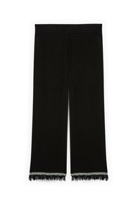 Černé kalhoty s širokými nohavicemi a strukturovaným lemem s třásněmi a stříbrnými nitěmi. Vyrobeno z měkké, pružné tkaniny.