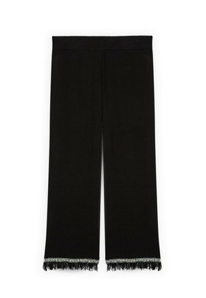 Schwarzweite Hosen mit einem strukturierten Saum, der Fransen und Silberfadenakzente aufweist. Hergestellt aus einem weichen, flexiblen Stoff.