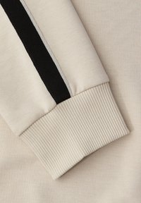 Beige mikina vyrobená z látky s žebrovaným manžetovým zakončením. Na rukávu je černý a šedý pruh. Přijemný na dotek, čistý design a přiléhavý střih.