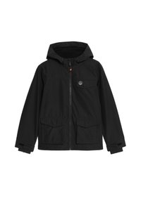 Veste noire à capuche avec fermeture éclair frontale, trois poches à rabat, bracelets de poignet ajustables et petit logo sur la poche poitrine gauche.