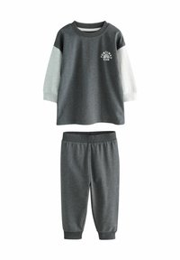 Ciemnoszary dwuczęściowy zestaw dla dzieci z jasnoszarymi długimi rękawami i napisem "Funtimes Club" z tęczową grafiką na górze.