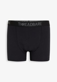 Schwarze Boxershorts für Herren aus weichem Stoff mit einem breiten elastischen Bund, der mit "THREADBARE" in Grau beschriftet ist. Nahtloses Design für Komfort.
