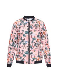 Roze bomberjack met een tropische print van palmbomen, zwemmers en strandelementen. Inclusief een donkere geribde kraag en manchetten.