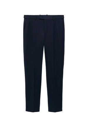 Pantalones de corte navy en una tela suave, con un diseño de pierna recta, pliegues delanteros y un cierre de botón en la cintura.