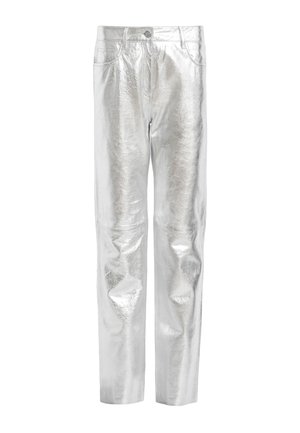 Silverfärgade metallicjeans med glansig finish, som har raka ben, fem fickor och framknäppning.