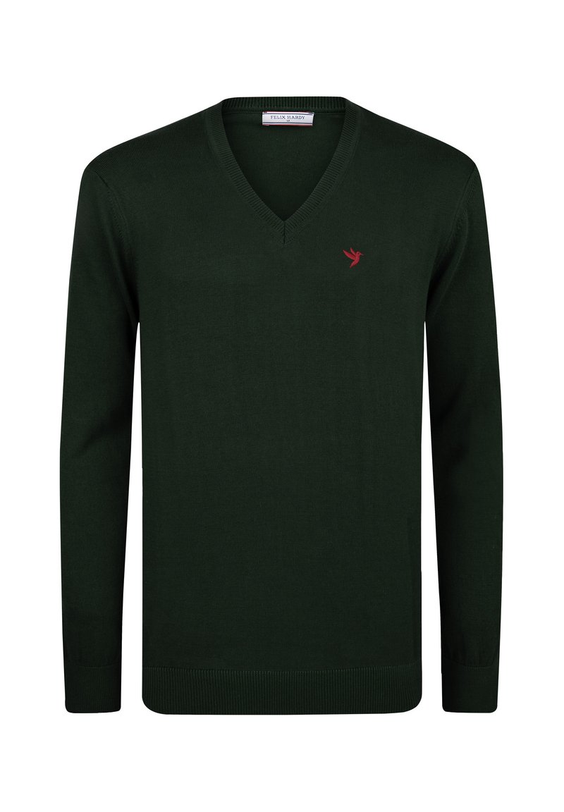Donkergroene V-halstrui met lange mouwen en geribbelde zoom. Klein rood vogel logo op de linkerborst; een gladde, lichte brei stof.