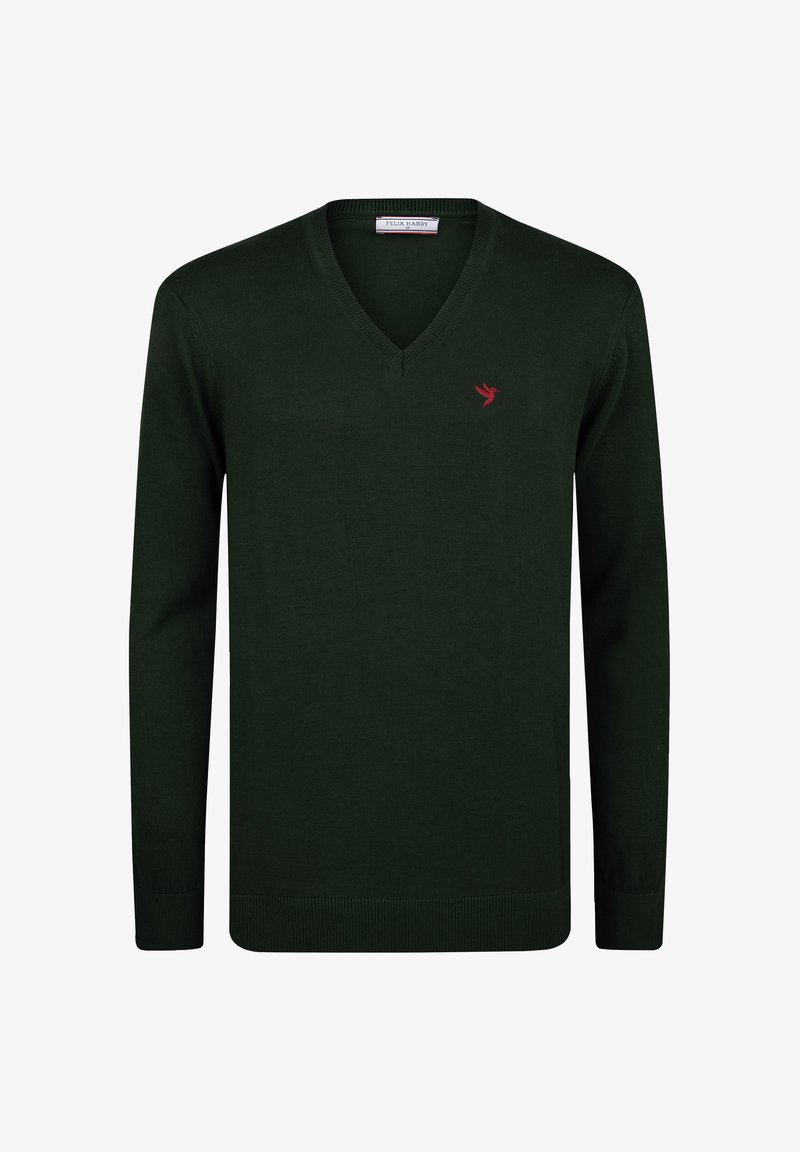 Maglione a V in verde scuro con maniche lunghe e orlo a costine. Piccolo logo di un uccellino rosso sul lato sinistro del petto; tessuto a maglia leggero e morbido.