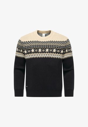 Gestrickter Pullover mit einem cremefarbenen, schwarzen und weißen nordischen Muster. Hat einen Rundhalsausschnitt und lange Ärmel, mit glatter Textur und enganliegenden Bündchen.