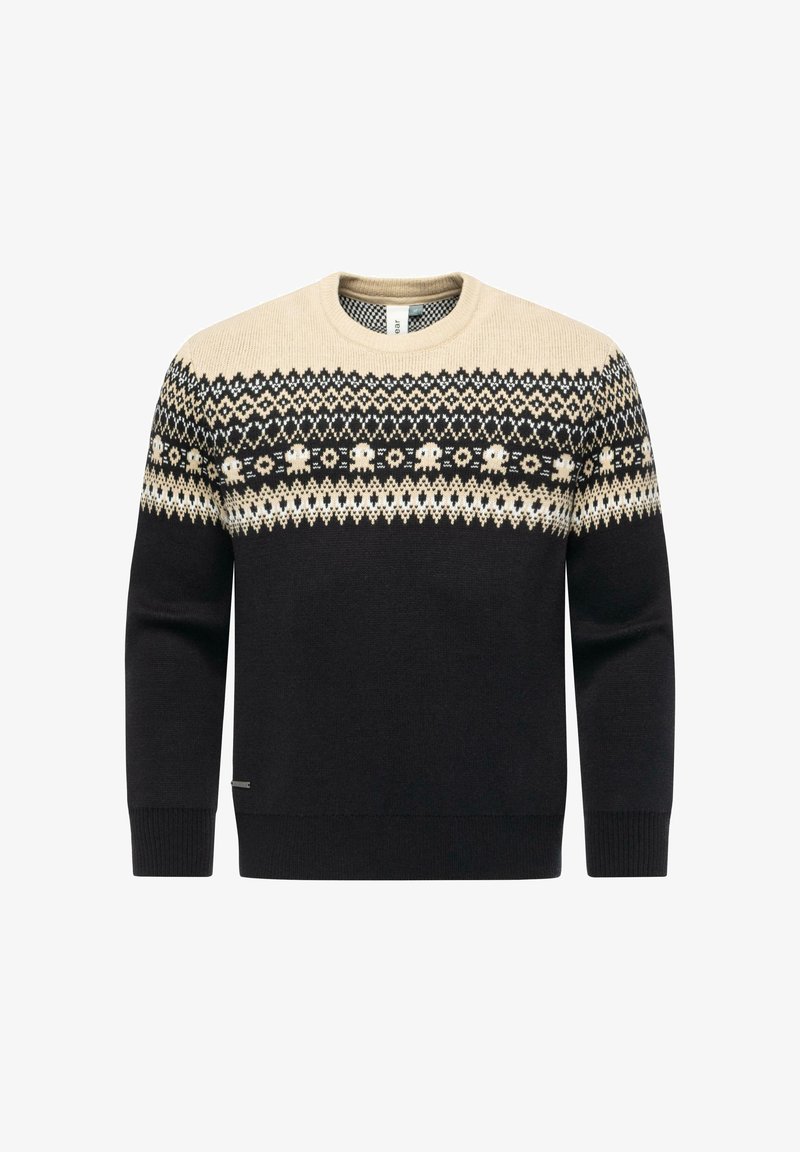 Gebreide trui met een crème, zwarte en witte Noorse patroon. Voorzien van een ronde hals en lange mouwen, met een gladde textuur en aangesloten manchetten.