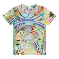 T-shirt a maniche corte in tessuto leggero con un design colorato di una macchina da flipper, che presenta vari grafica, tra cui tigri e forme geometriche.