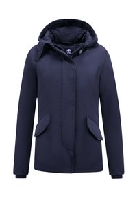 Marineblauwe gewatteerde jas van gladde stof, met knoopsluiting aan de voorkant, twee zijzakken en een logo-label aan de binnenkant van de kraag.