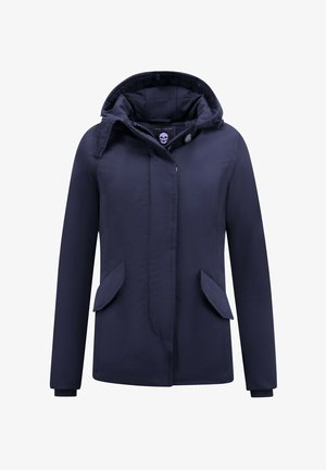 Marineblauwe gewatteerde jas van gladde stof, met knoopsluiting aan de voorkant, twee zijzakken en een logo-label aan de binnenkant van de kraag.