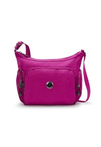 Borsa a tracolla rosa in nylon, dotata di tasca frontale, chiusura con zip, tracolla regolabile e dettagli hardware decorativi.
