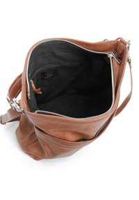 Borsa a tracolla in pelle marrone con un ampio interno, foderato in nero, una tasca con zip e una chiusura con zip argentata. Dotata di tracolla.