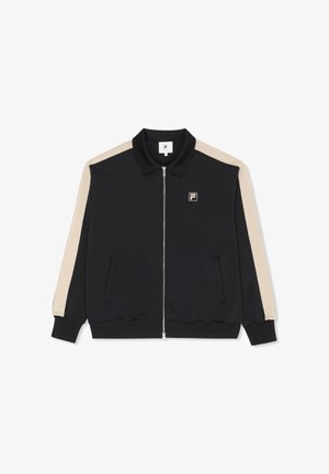 Veste noire à fermeture éclair avec des bandes beiges le long des manches, des poignets côtelés et un petit logo "F" sur le côté gauche de la poitrine.