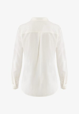 Weißes Langarmbluse mit Kragen, ausgestattet mit einer Mittelrückenfalte und geknöpften Manschetten. Glattes Gewebe mit einem subtilen Glanz.
