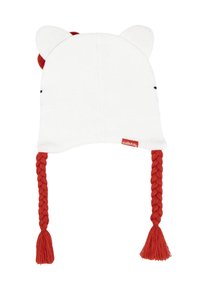 Witte gebreide muts met kattenoren, gevlochten rode franjes die naar beneden hangen, en een klein rood Hello Kitty-label aan de zijkant.