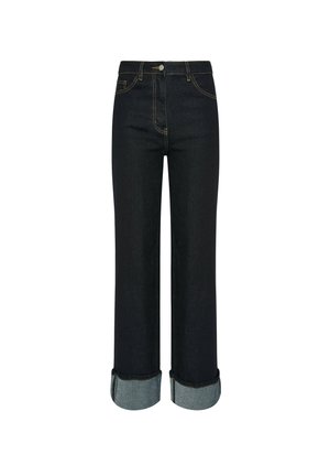 Donkerblauwe denim jeans met een straight leg ontwerp, omgeslagen zoom en contrasterende gele stiksels. Voorzien van een sluiting met een knoop aan de voorkant.
