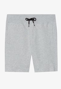 Grå shorts med elastisk midje, med en svart snorlås, to sidelommer og et mykt, strukturert materiale.
