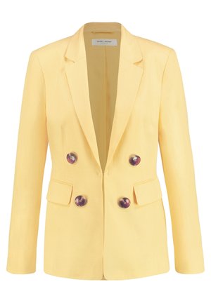 Blazer jaune pour femme à double boutonnage avec revers crantés, quatre boutons foncés et deux poches à rabat, étiquette sur le col indiquant Gerry Weber.