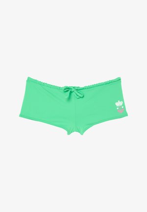 Rohelised ujumispüksid seotava vöökohaga ja väike valge kroon ning roosa südame logoga paremal küljel.