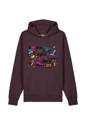 Dunkler Hoodie mit bunten Retro-80er- und 90er-Jahre-Ikonen, darunter eine Schallplatte, ein Boombox, Rollschuh, Skateboard, Kassette und Rubiks Würfel.