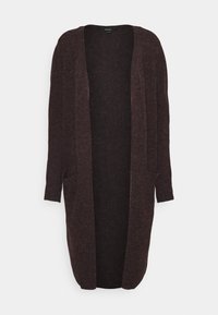 Lång, öppen framsida mörkbrun stickad cardigan med långa ärmar och två sidofickor, uppvisad på en enkel bakgrund.