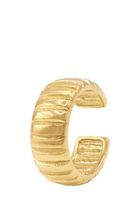 Gouden armbandring met geribbelde textuur. Gladde afwerking, open ontwerp en afgeronde randen. Opvallende horizontale groeven vergroten de visuele interesse.