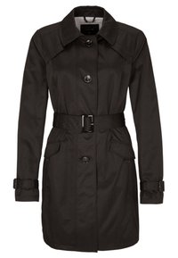 Czarny trencz wykonany z gładkiego materiału, z paskiem w talii, dużymi guzikami i bocznymi kieszeniami; klasyczny kołnierz i długie rękawy.