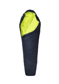 Sac de couchage bleu marine avec un intérieur jaune vif, design effilé, motif hexagonal et fermeture éclair sur un côté pour un accès facile.