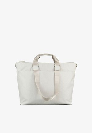 Light gray fabric tote bag with dual short handles and a long shoulder strap, rectangular shape, zippered top closure.