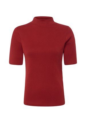 Red short-sleeve shirt with a mock neck collar, plain design, and smooth texture.