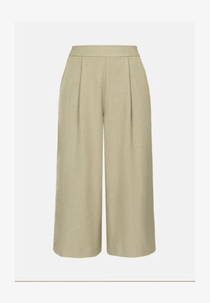 Heledad püksid helesinise oliiviroheline, millel on sile tekstuur, kõrge vöökoht ja peened ees voldid lisaks detailiks.