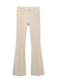 Beige flared jeans made of cotton blend, featuring a front button and zipper closure, two front pockets, and two back pockets.