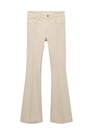 Beige utsvängda jeans gjorda av bomullsblandning, med en knapp- och dragkedjestängning framtill, två framfickor och två bakfickor.