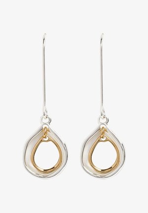 Boucles d'oreilles pendantes en argent avec une forme extérieure en goutte et une plus petite goutte en or suspendue à l'intérieur, toutes deux avec des surfaces lisses et polies.