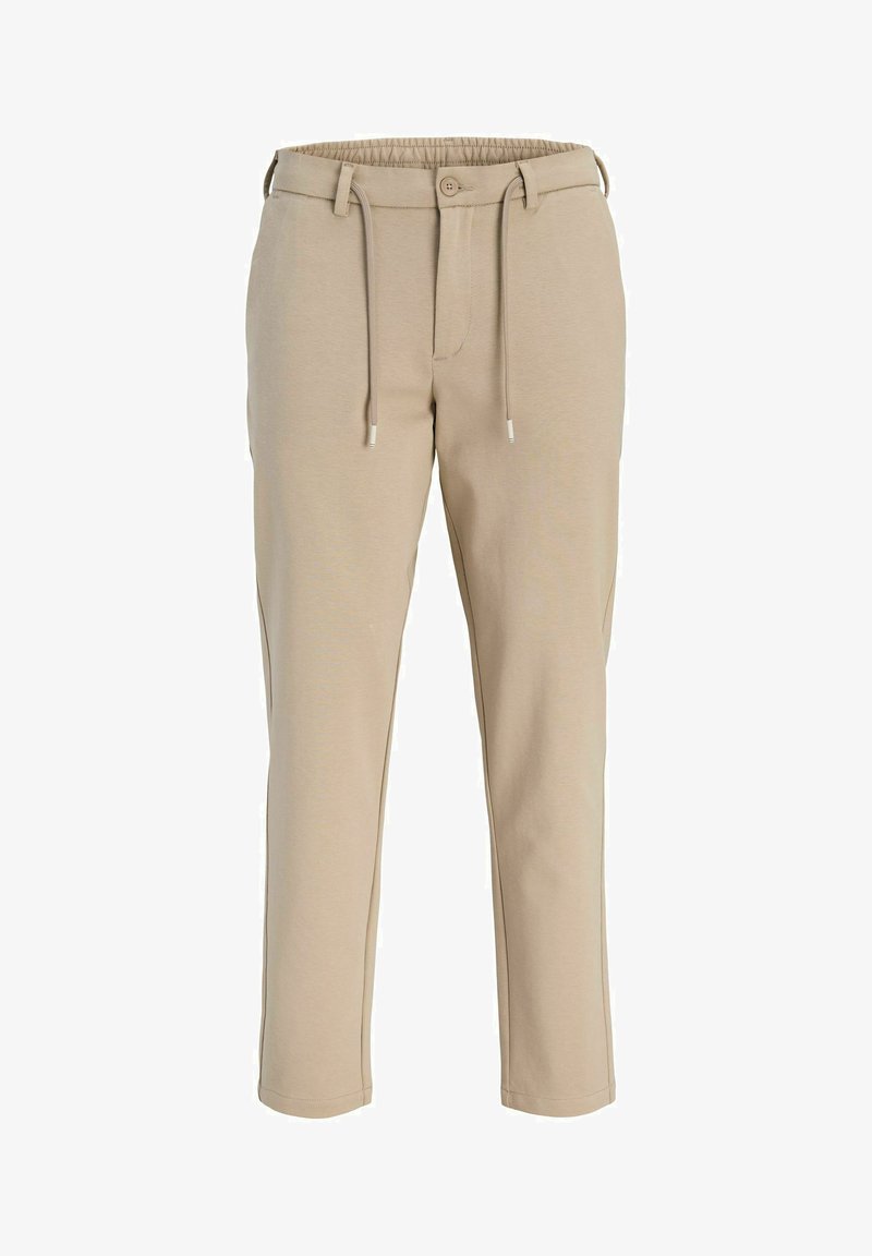 Pantalon décontracté beige avec taille élastique, fermeture bouton et zip, passants de ceinture et cordons à l'avant.