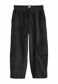 Sorte corduroy bukser med elastisk talje, sn�øre og sidelommer; har lodret ribbet struktur og en afslappet pasform.