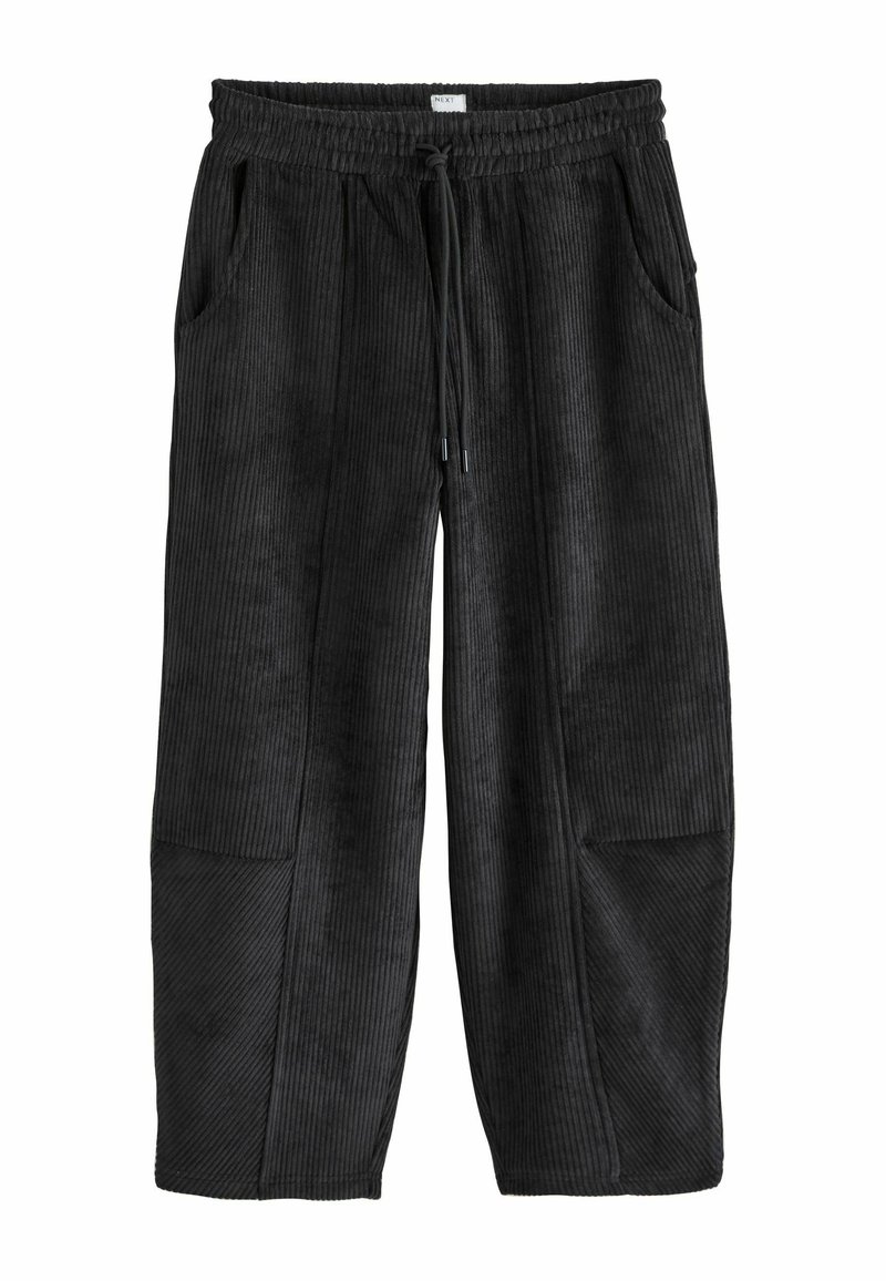 Sorte corduroy bukser med elastisk talje, snøre og sidelommer; har lodret ribbet struktur og en afslappet pasform.