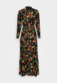 Dlouhé černé šaty na knoflíky s dlouhými rukávy a límcem, s barevným abstraktním květinovým potiskem a odpovídajícím páskem z tkaniny v pase.