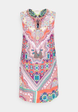 Šaty bez rukávů s vícebarevným paisley vzorem, s kulatým výstřihem, detailem ve tvaru klíče a třásněmi. Lehce vzdušná tkanina s živými akcenty.