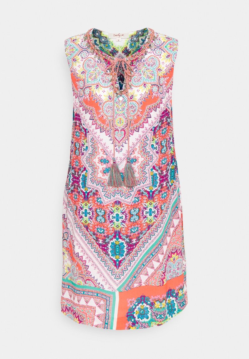 Sukienka bez rękawów z wielokolorowym nadrukiem paisley, z okrągłym dekoltem, detalem w kształcie dziurki oraz frędzlami. Lekka tkanina z wyrazistymi akcentami.